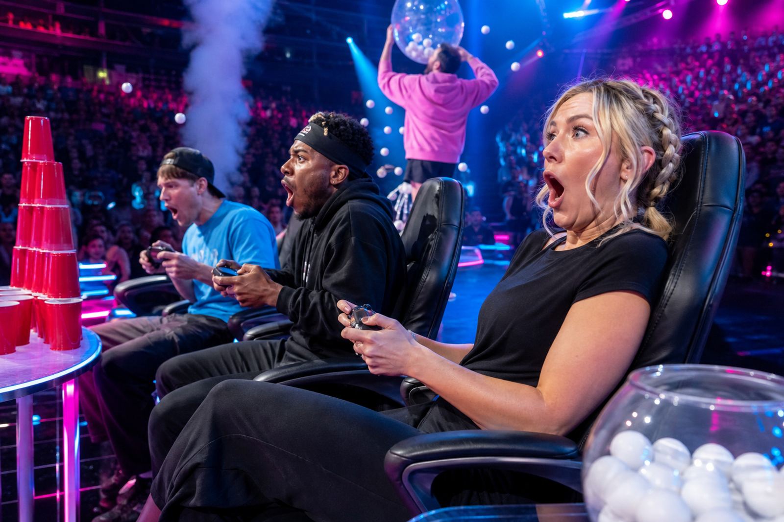 Competitors reacting mid-challenge under hot pink and electric blue stage lights