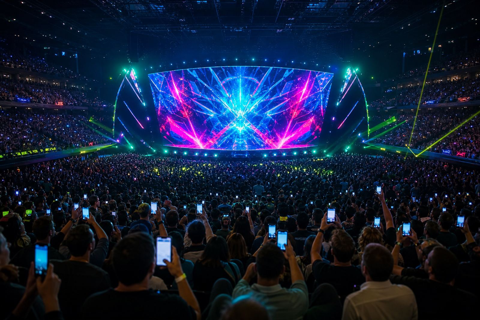 Arena crowd holding glowing phones towards a massive neon LED stage screen